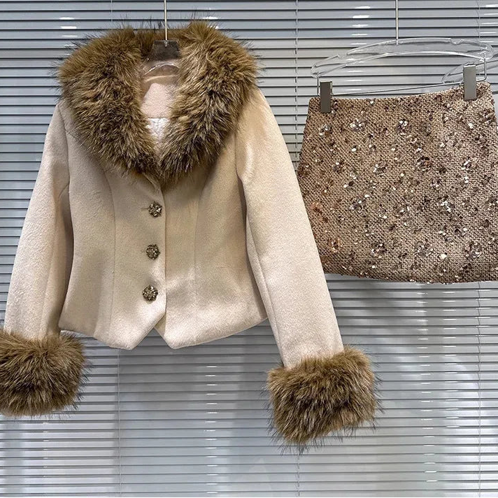 Winter New Fashion Elegant Style Fur Collar Quilted Jacket For Women Tweed A-line Short Skirt Female Trend 11A07592