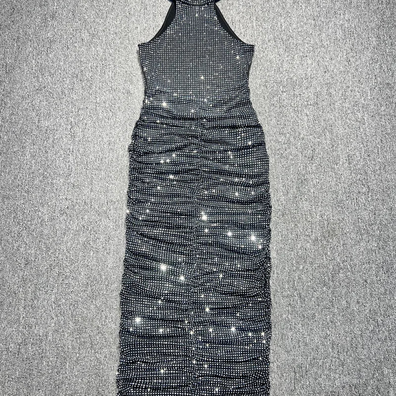 Halter Neck Backless Diamonds Long Dress For Women Sleeveless Folds Slim Formal Elegant Celebrity Cocktail Party Gown Vestido black