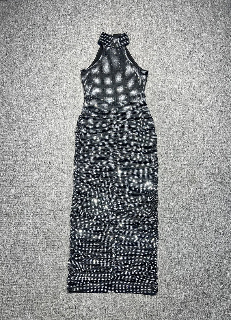 Halter Neck Backless Diamonds Long Dress For Women Sleeveless Folds Slim Formal Elegant Celebrity Cocktail Party Gown Vestido black