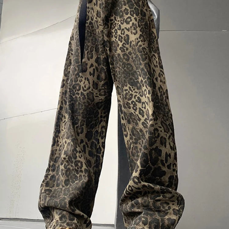 Woman Vintage Leopard Jeans Spring Autumn Simple Casual Oversize Wide Leg Trousers Streetwear Hip Hop Female Loose Pants