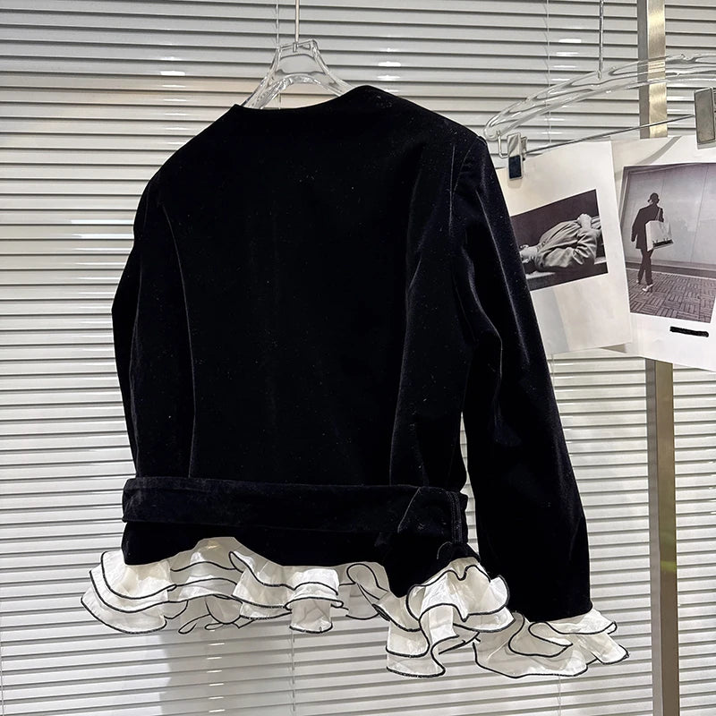 Winter New Fashion Chiffon Lace With Belt Velvet Fabric Cotton Short Coat For Women High Waist O-neck Jacket 11A07695