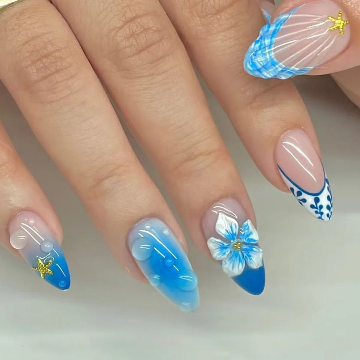 24pcs/set Medium fake nails for women girls 3D embossed flowers fruit shell rhinestones design Almond tips press on false nail 2705