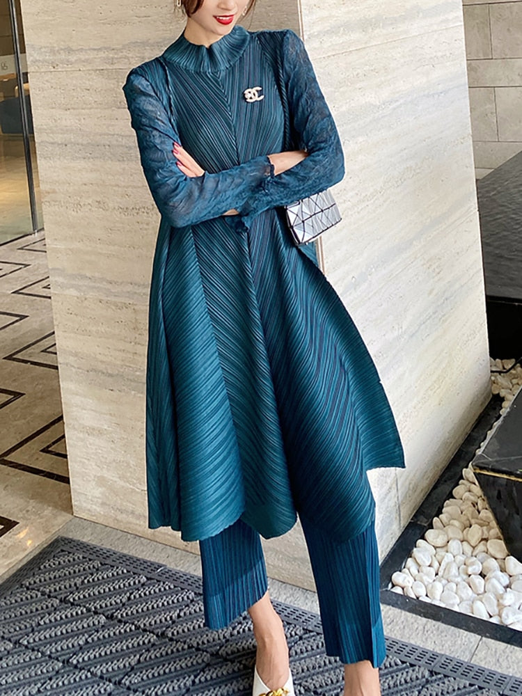 Sets Women Pleated Two Piece Set Fall Winter New Loose Casual Suit Lace Fashion Long Dress Top Pencil Pant Clothes