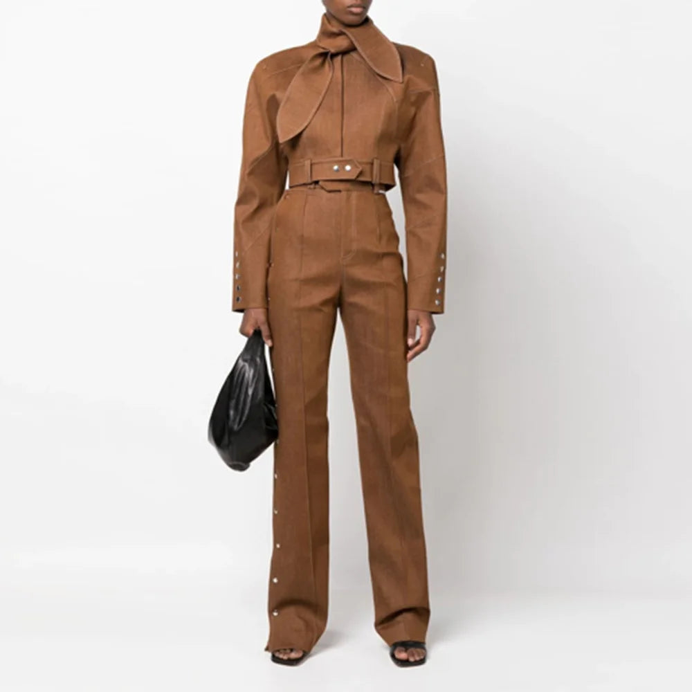 Fashion Two Piece Set for Women Stand Neck Long Sleeve Spliced Button Coat High Waist Pants Female Temperament New KHAKI