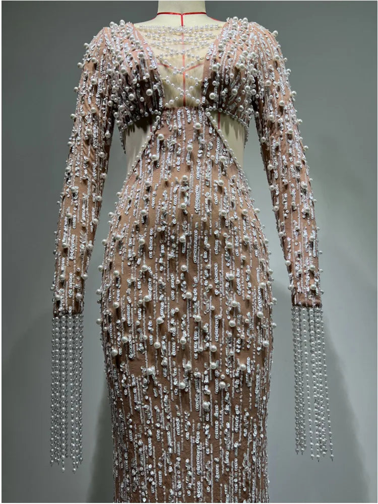 Elegant Evening Party Dress Women Long Sleeve Pearl Beading Bodycon Long Maxi Dress Birthday Party Cocktail Prom Dress