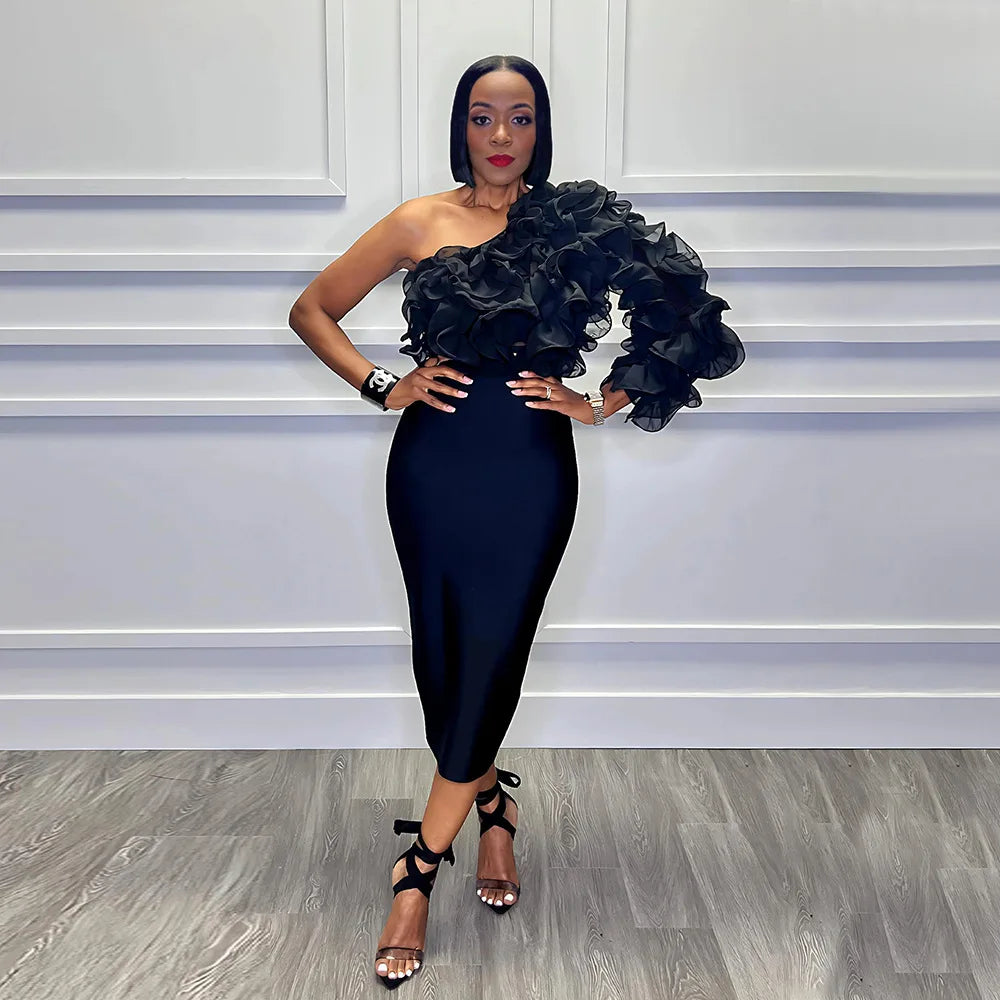 Women Ruffles One Sleeve Skew Collar Tunic Blouse and Shirt Tops 2024 Summer Streetwear Night Club Party Beach Tops black