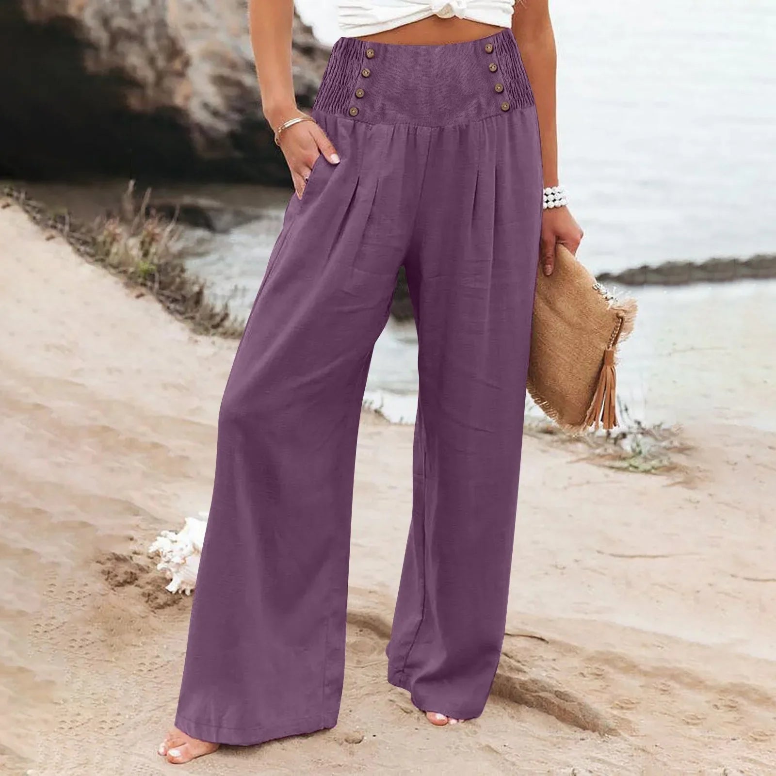Summer Cotton Linen Wide Leg Pants Women Loose Palazzo Pant Pocket Elastic Waist Button Casual Pants Purple