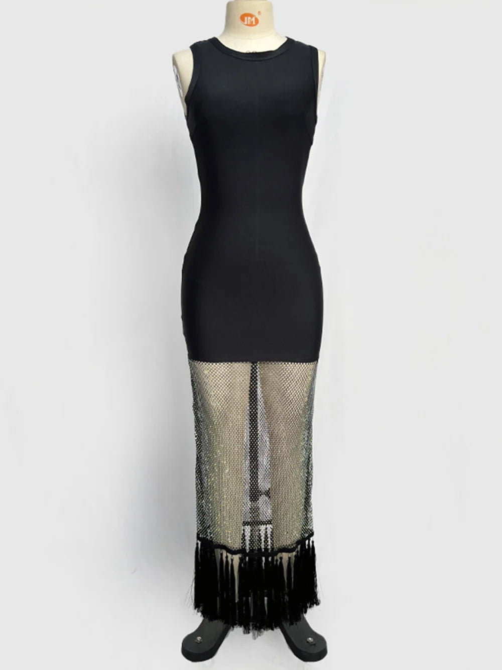 Black tassels Evening Party bandage Long Dresses Elegant Sleeveless Diamond Mesh Patchwork Maxi Dress Women 2025 Summer Vestidos