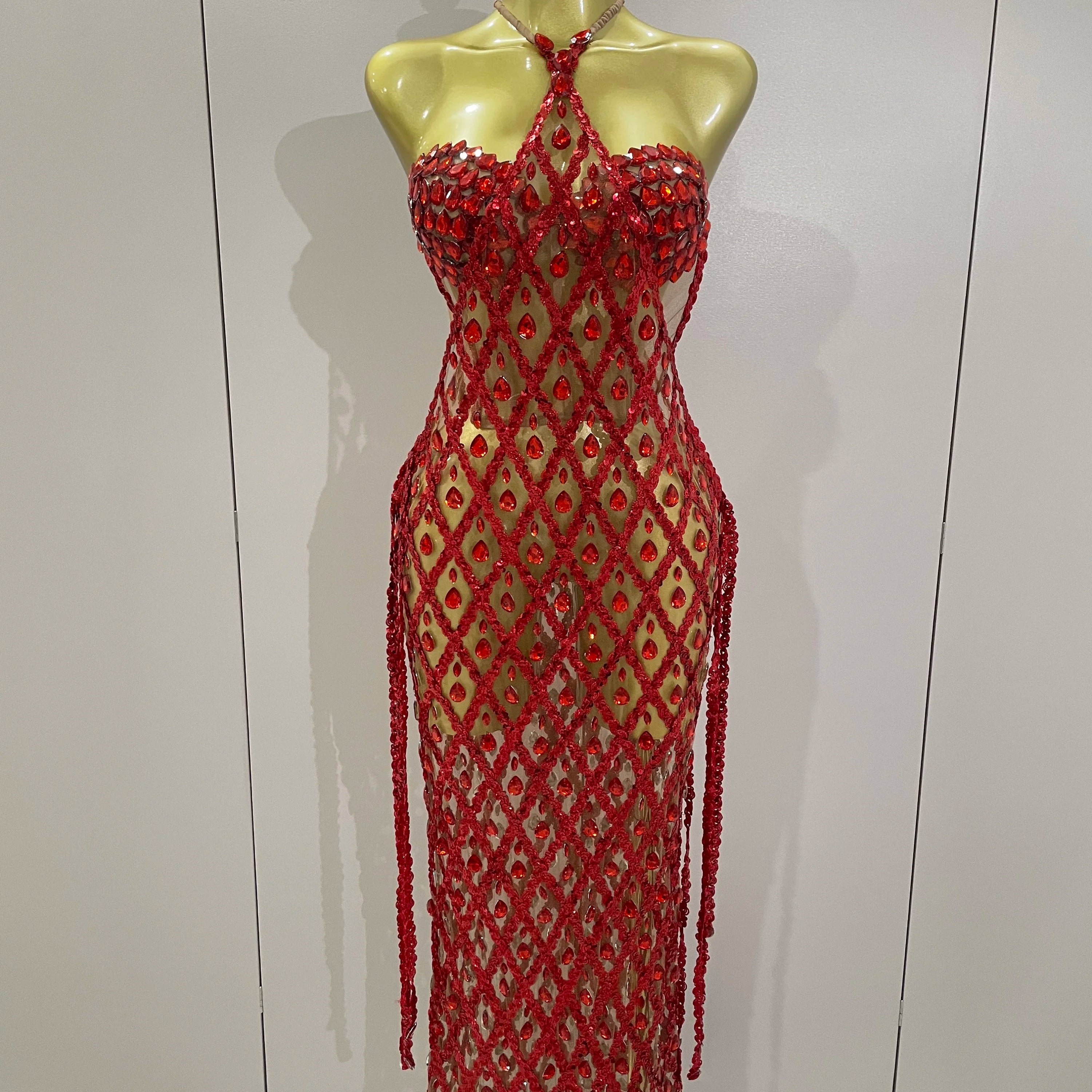 Stock Sexy Sparkly Gold Rhinestones Sleeveless Mesh Two Piece Long Dress 2025 Women Birthday Party Celebrate Prom Stage Costume Red