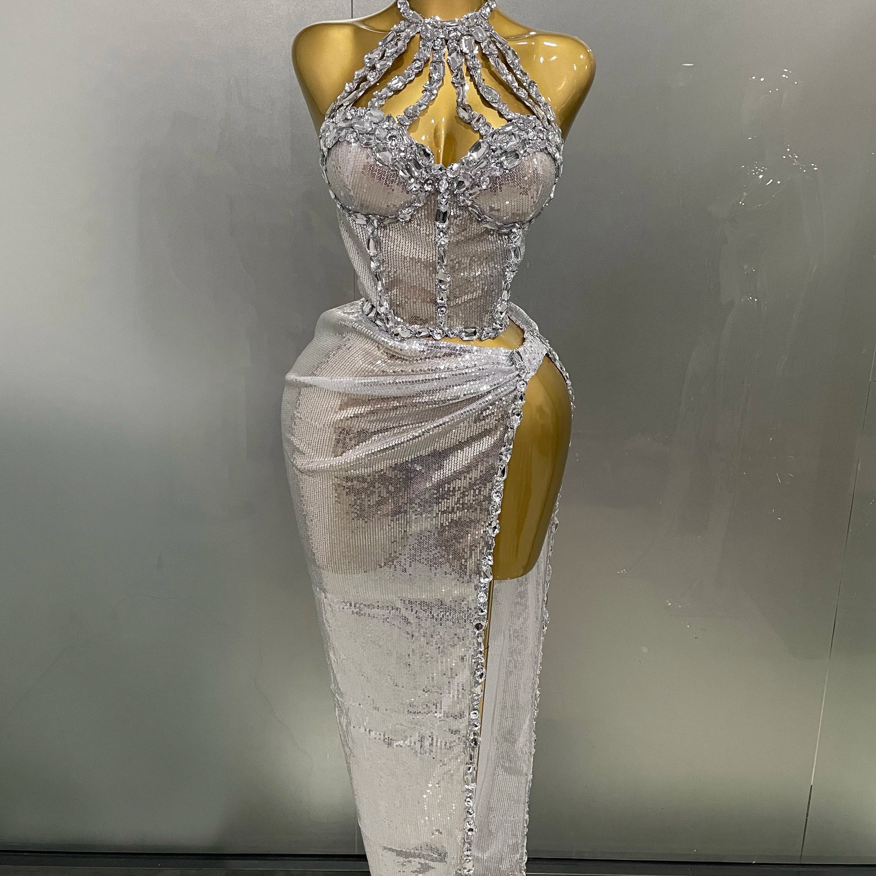 Sexy Luxury Shiny Diamond Sequins Cocktail Dress 2Pcs Set 2025New Women Evening Celebrate Birthday Party Nightclub Stage costume Silver