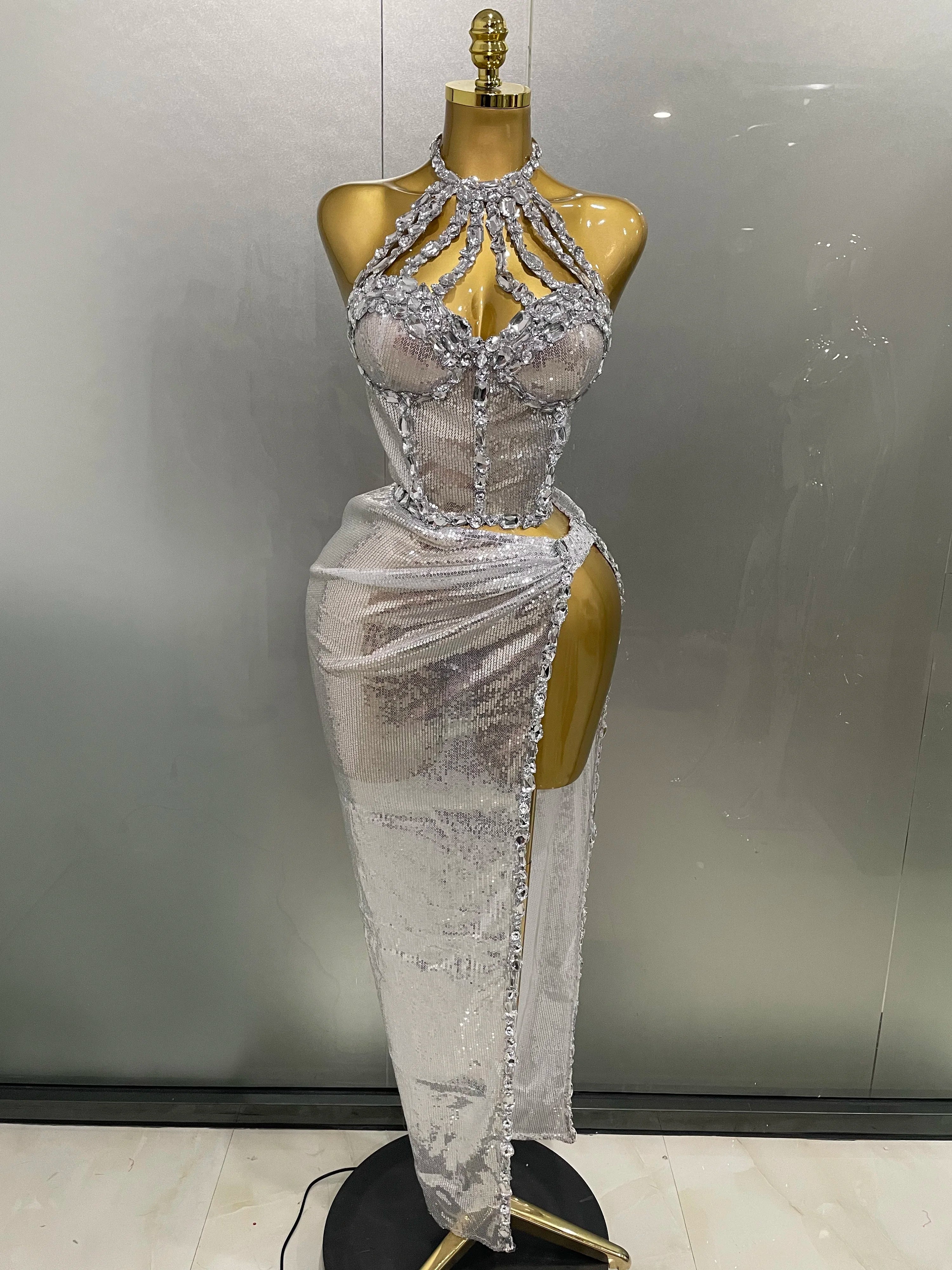 Sexy Luxury Shiny Diamond Sequins Cocktail Dress 2Pcs Set 2025New Women Evening Celebrate Birthday Party Nightclub Stage costume Silver