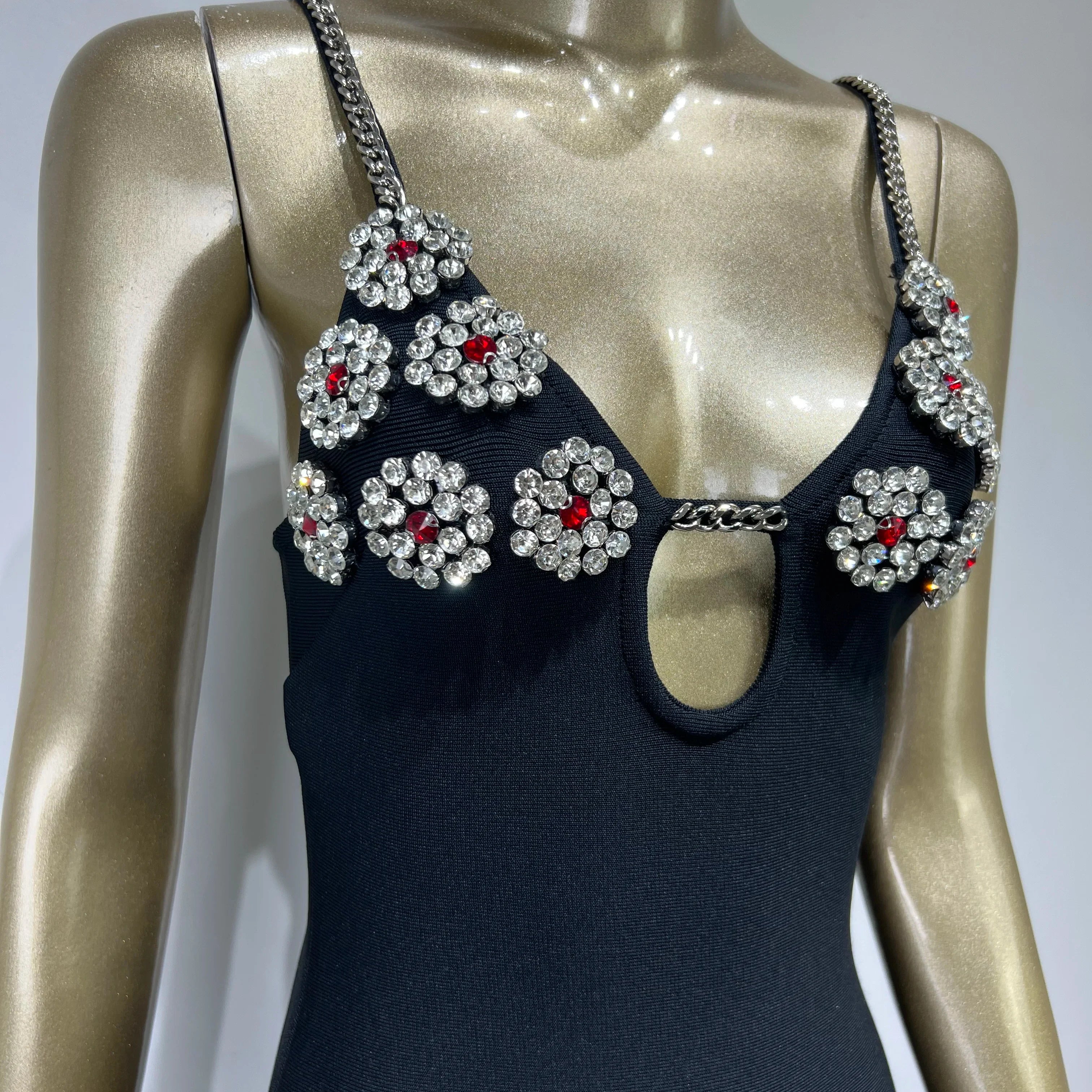 Newest Women Summer Fashion Sexy Key Hole Crystal Diamonds Black Mini Bandage Dress 2023 Elegant Evening Club Party Dress