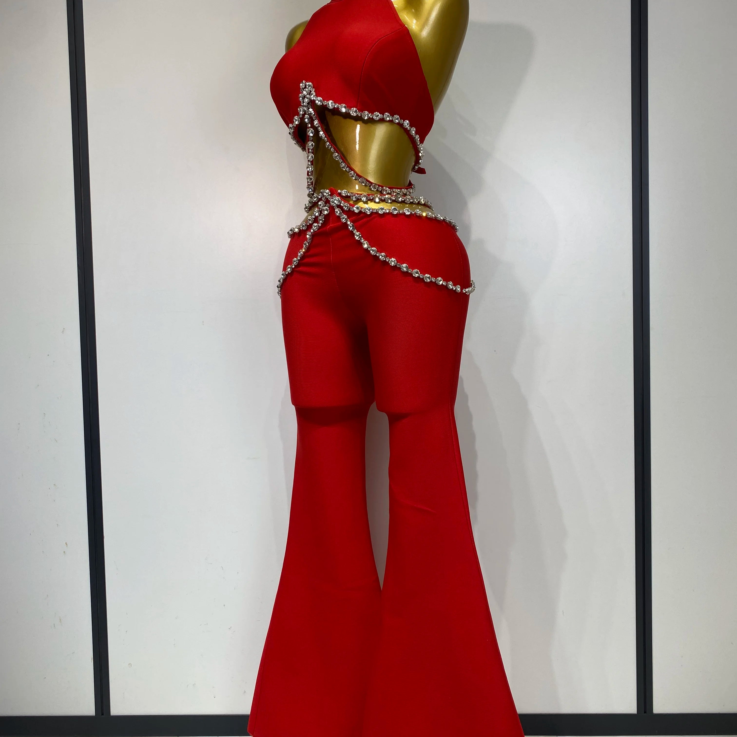 Women Luxury Rhinestone Red Sexy Cut Out Two Piece Pants Bandage Set 2025 Celebrity Designer Fashion Women's Set Stage Outfit