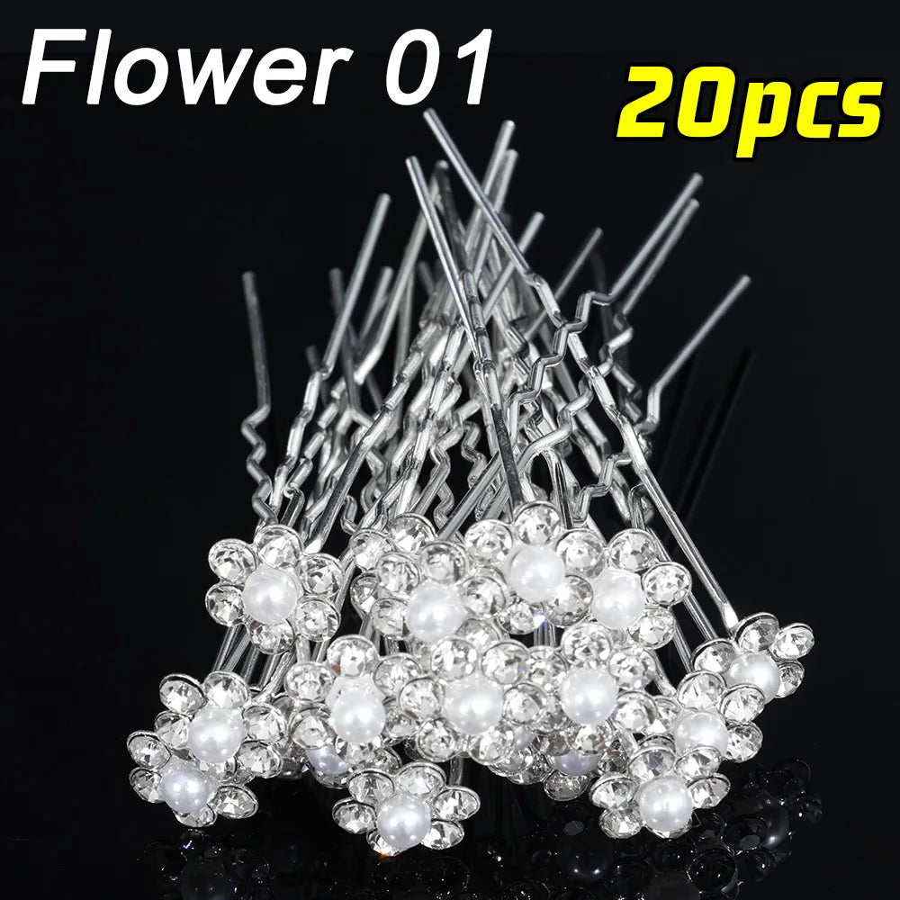 20pcs Pearl Crystal Hairpin Elegant Wedding Bridal U-shaped Metal Hair Comb Forks for Women Hairstyle Clips Jewelry Accessories Flower 01
