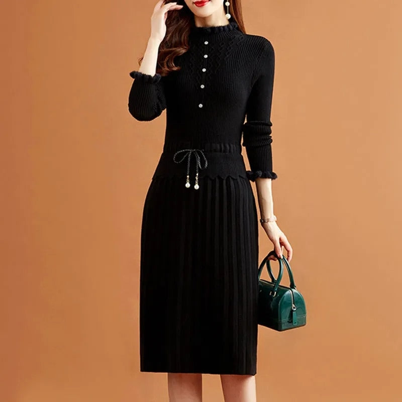 Two Pieces Pleated Knitted Dress Women Vintage Elegant Bottoming Sweater Dresses Slim Long Sleeve Fall Winter Midi Vestidos black