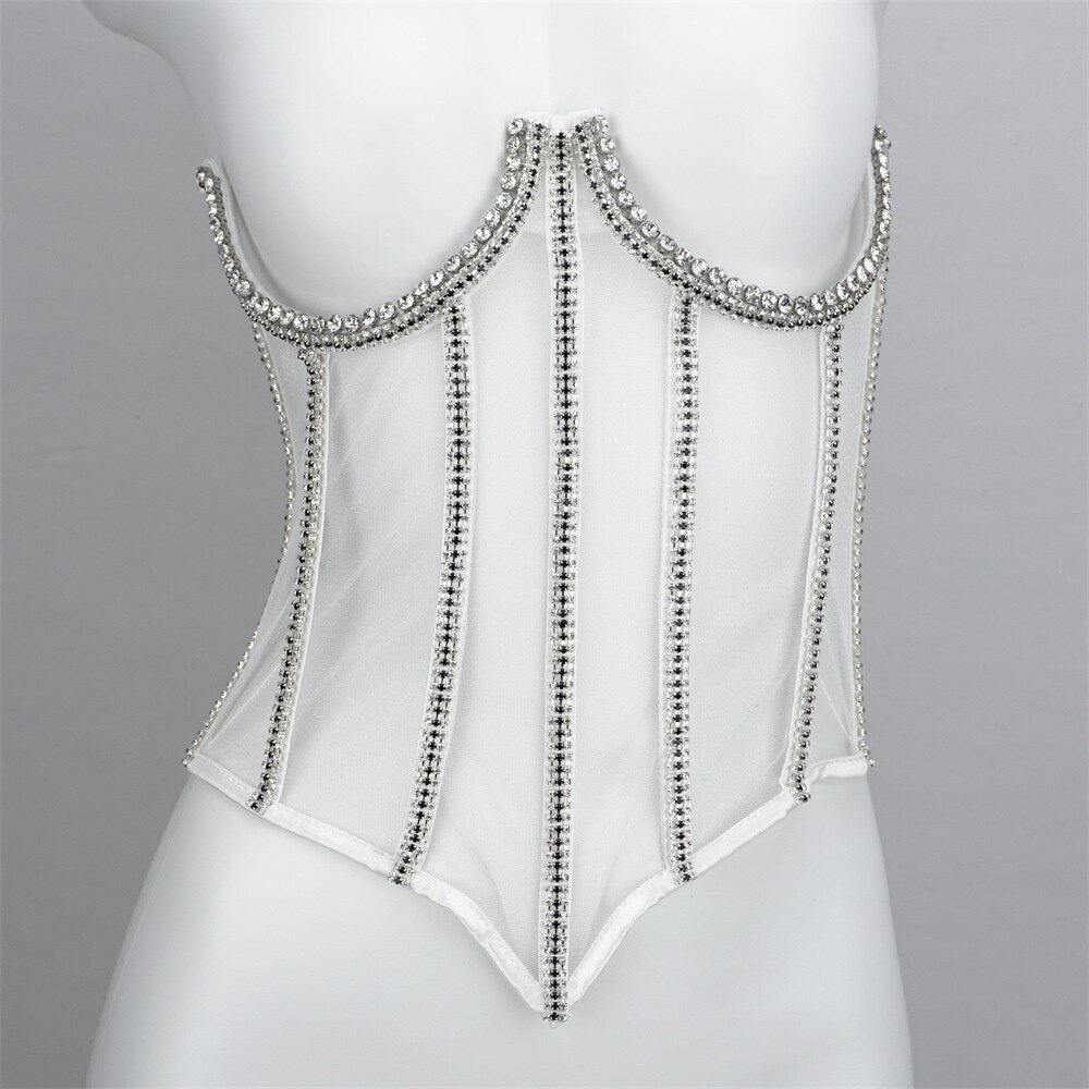 Sexy Slim Backless Corset Luxury Rhinestone Crystal Diamond Women's Vest Transparent Lace Push Up Girdle