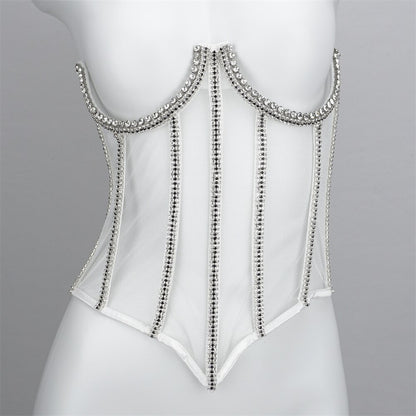 Sexy Slim Backless Corset Luxury Rhinestone Crystal Diamond Women's Vest Transparent Lace Push Up  Girdle