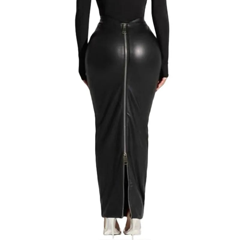 Mutevole Sexy Pu Leather Full Zipper Long Skirt Women Black Faux Leather High Split Slim Fit Maxi Skirt
