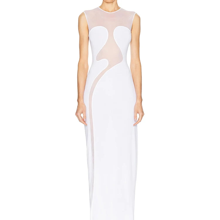 Cool Fashion Black White Sheer Mesh Sleeveless O-Neck Ankle Dress for Party Date Night Evening Gown WHITE