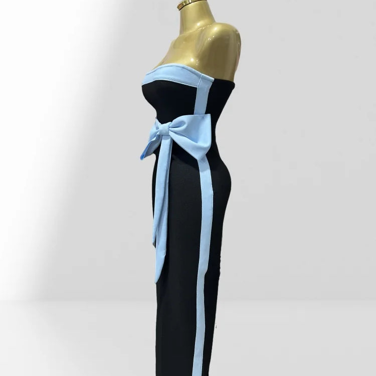 2025 Graceful Bow Sleeveless Strapless Sheath Black Bandage Ankle Lengh Dress Woman Party Vestido Celebrity Cocktail Outfit