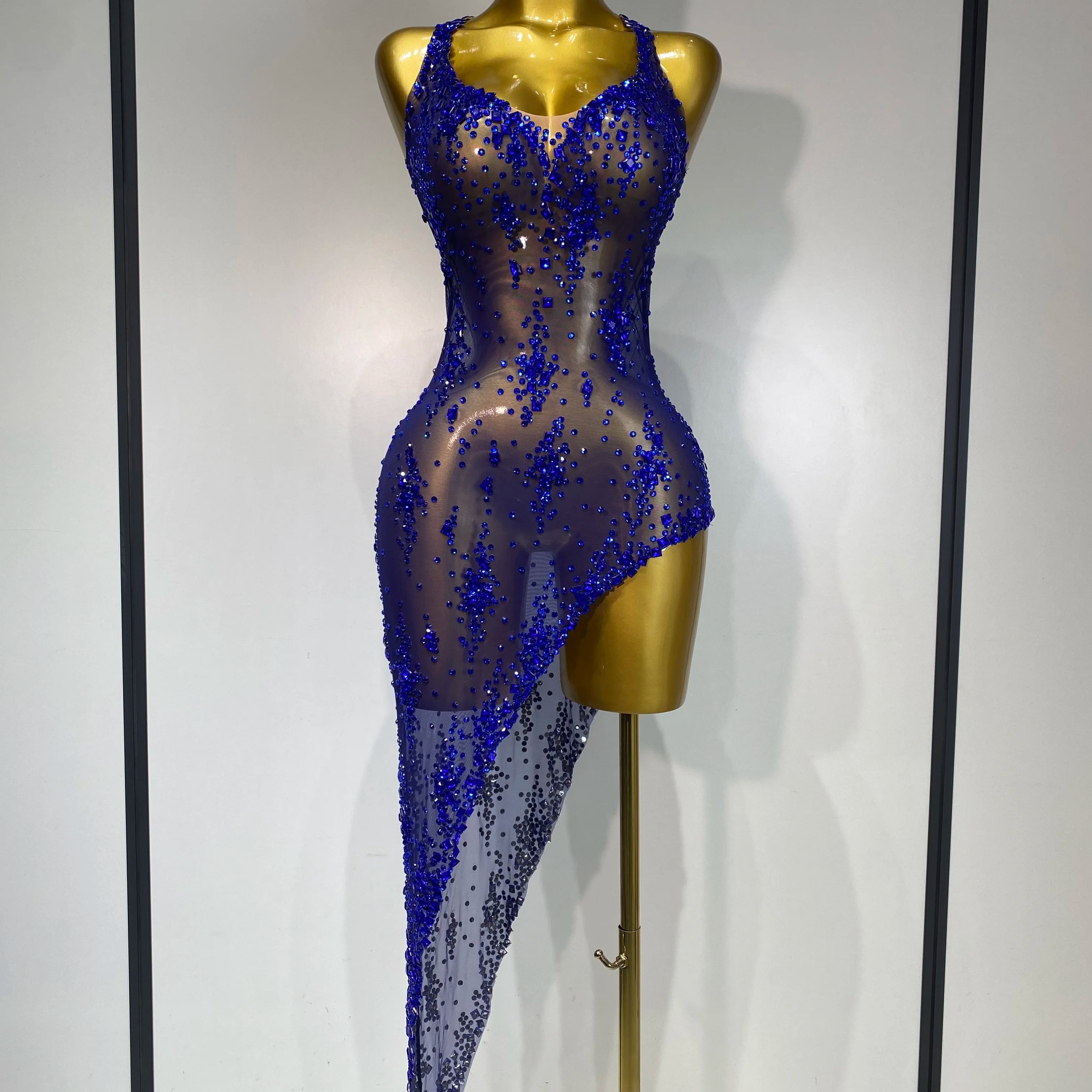 Women Sexy Luxury Birthday Prom Gowns Sparkly Diamond See Through Mesh Stretch Asymmetrical Dress Celebrity Elegant Stage Outfit Blue