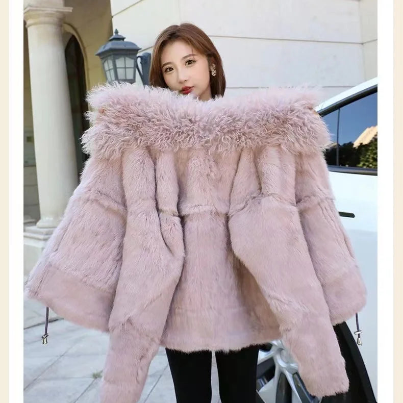 2023 Winter Short Women's Natural Rabbit Hair Lined Sheepskin Collar Coat Fashion Luxury Warm Leather Coat