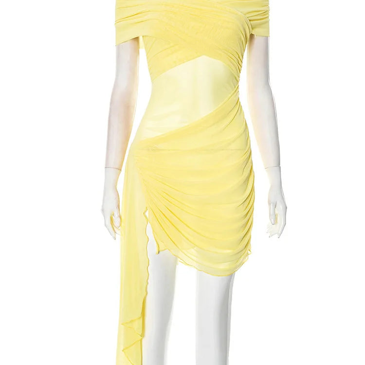 Off-shoulder Strapless Sexy Mini Dress For Women Fashion Irregular Mesh Beach Holiday Draped Ruched Bodycon Dress