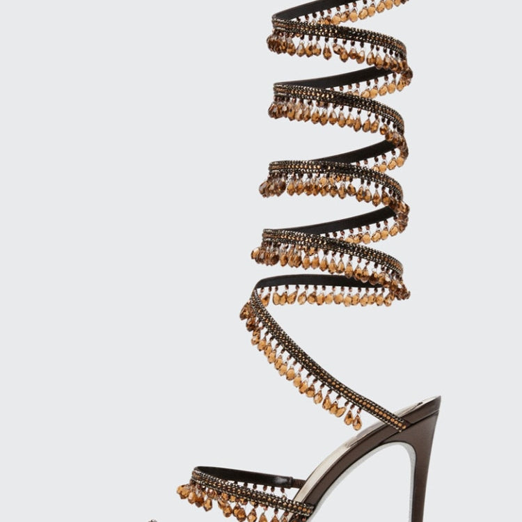 Women's New Rhinestone Sandals Fashion Tassel Crystal Shoes Sexy Nightclub Banquet Party Twining Stiletto Women's Sandals Brown long style