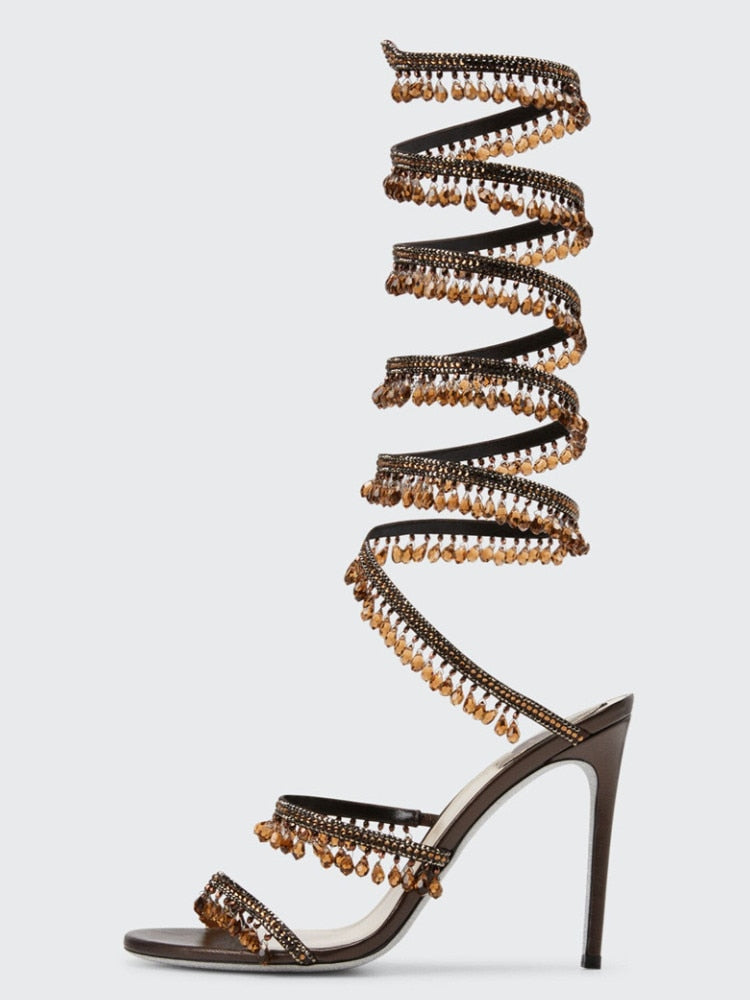 Women's New Rhinestone Sandals Fashion Tassel Crystal Shoes Sexy Nightclub Banquet Party Twining Stiletto Women's Sandals Brown long style