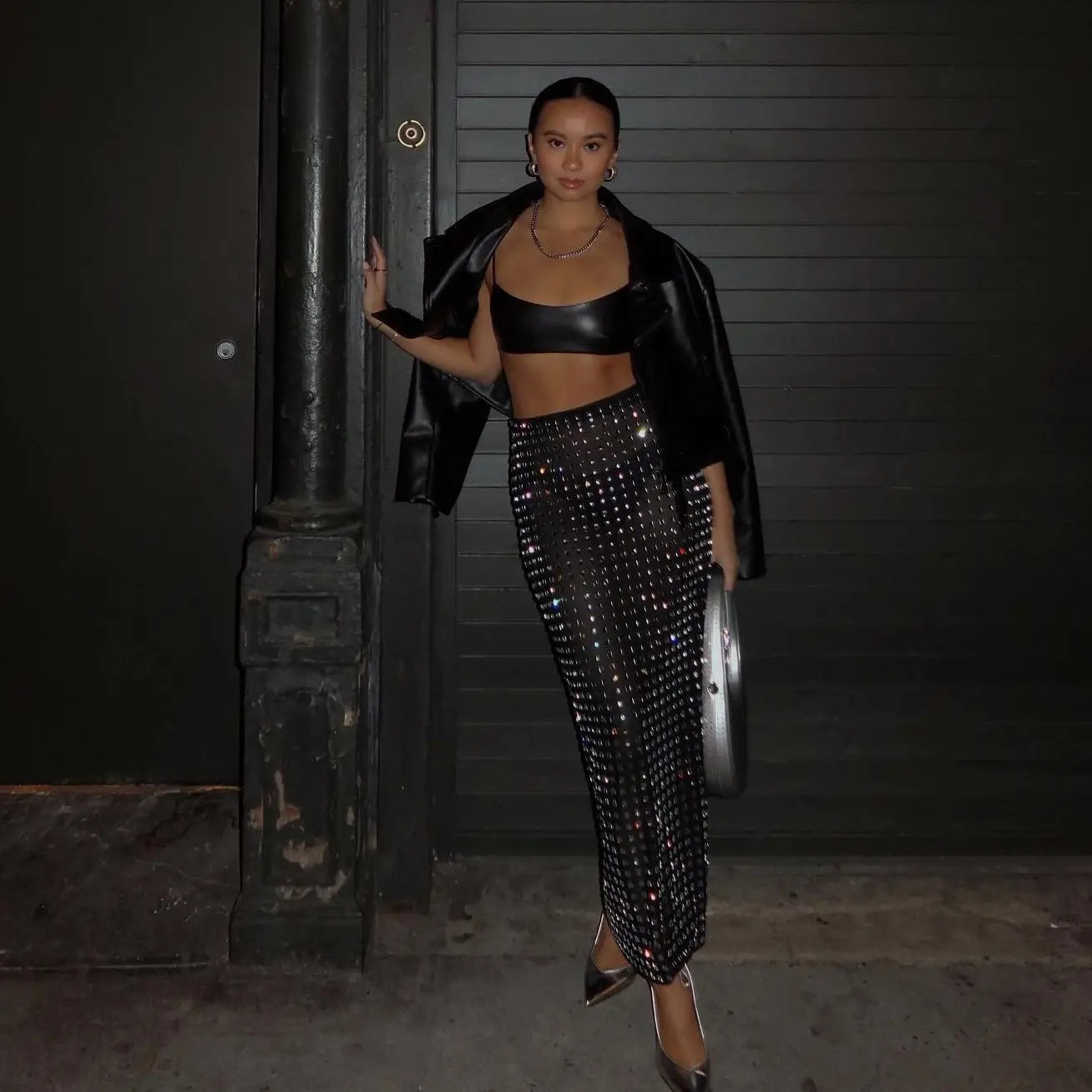 Shining Square Diamonds Sexy Mesh See Through Black Long Skirt Fashion Woman High Street Wear Evening Party Outfit