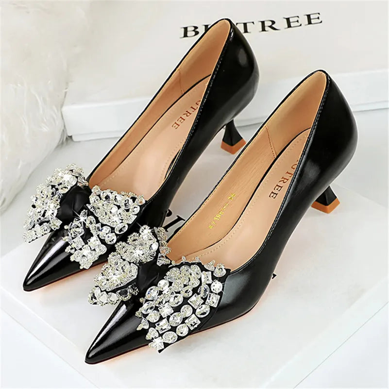 Women 5.5cm High Heels Green Pumps Lady Plus Size 34-43 Wedding Middle Low Kitten Heels Bling Crystal Rhinestone Party Bow Shoes