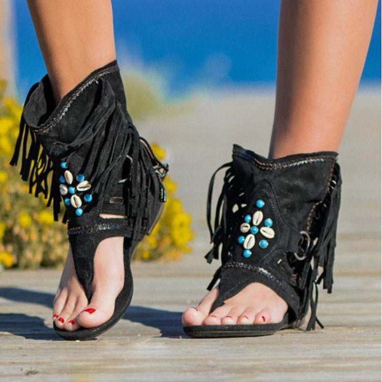 Retro Women Fringe Flower Wedges Shoes Solid Flock Beach Casual Sandals Women Summer Flip Flop Sandals