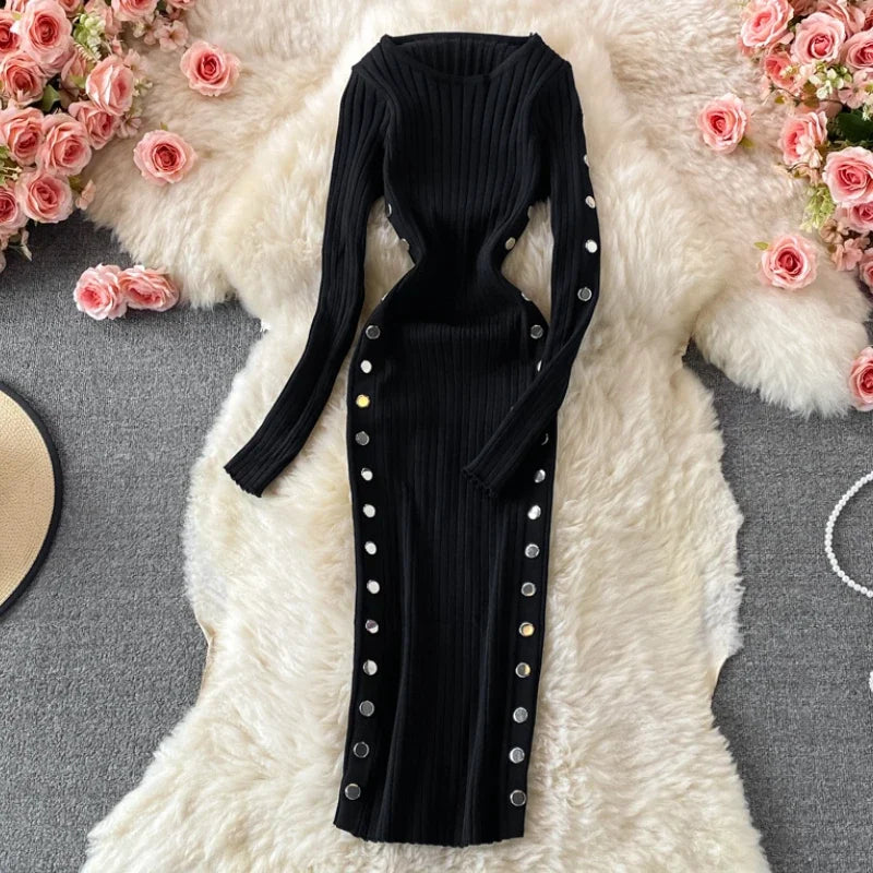 Winter Women's Knitted Sweater Dresses O-Neck Long Sleeve Slim Side Double Row Buckle Hip Wrap Dress Ladies Sheath Dress Autumn