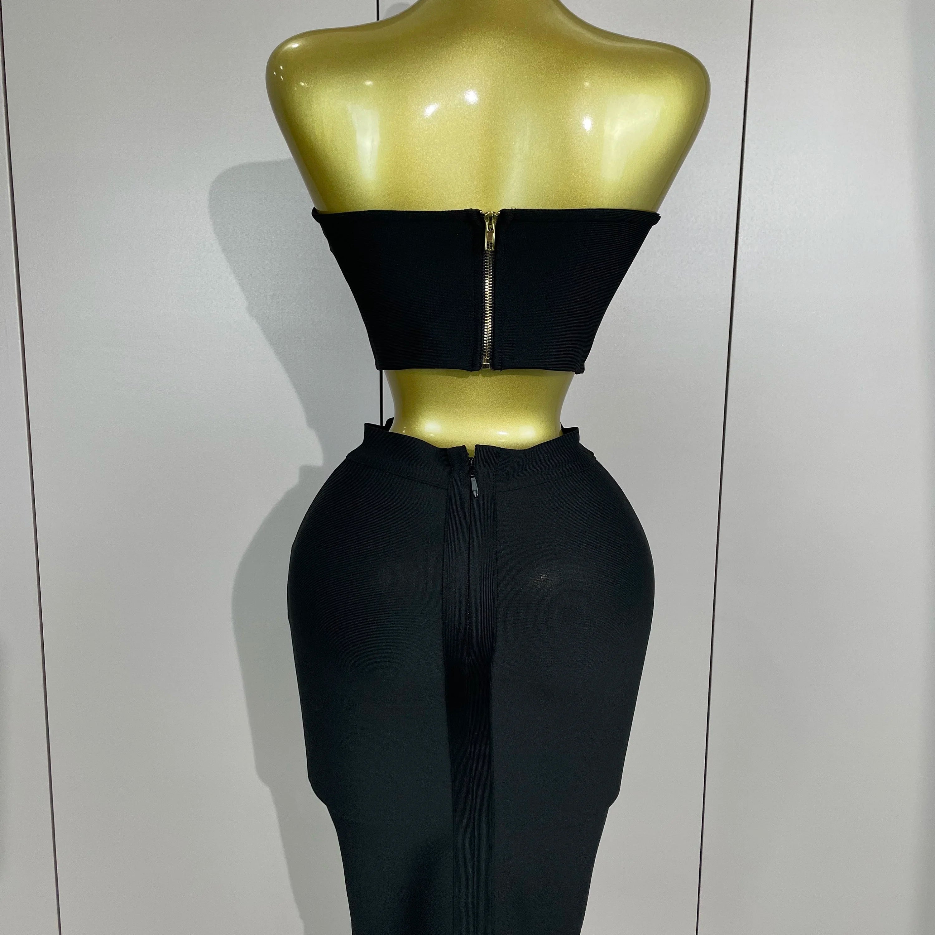 2025 Women Sexy Strapless Backless Black Bandage Two Piece Suit Celebrity Designer Fashion Birthday Gown Evening Prom Costume