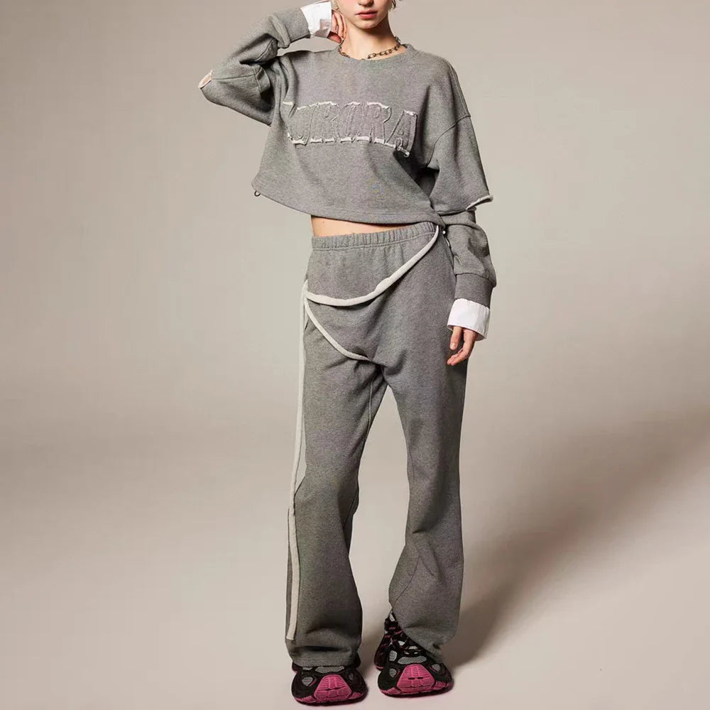 Colorblock Casual Two Piece Sets For Women O Neck Long Sleeve Top High Waist Pant Chic Set Female Fashion Clothing GRAYSET