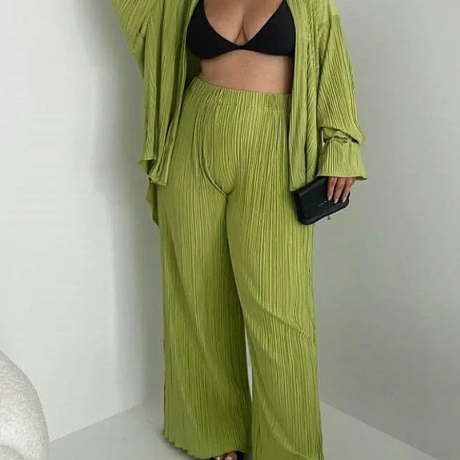 wsevypo Women Two-piece Pleated Pants Suits Casual Chic Solid Color Long Sleeve Button down Shirts and Straight Leg Trousers Set green