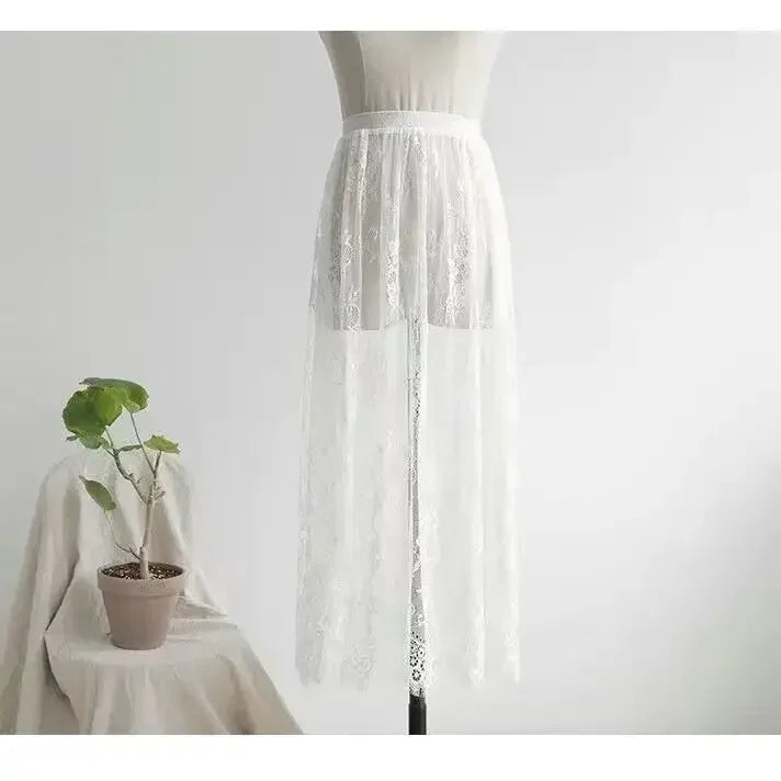 2 Length Elegant Black Skirt White Lace Transparent Long Tulle Skirt Ladies Elastic High Waist Beach Midi Skirt Drop shipping White 80cm