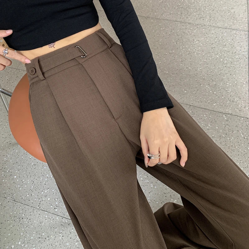 Seoulish High Waist New Suit Wide Leg Women‘s Full Pants Spring Summer Female Elegant Minimalism Straight Loose Trousers Coffee(regular)
