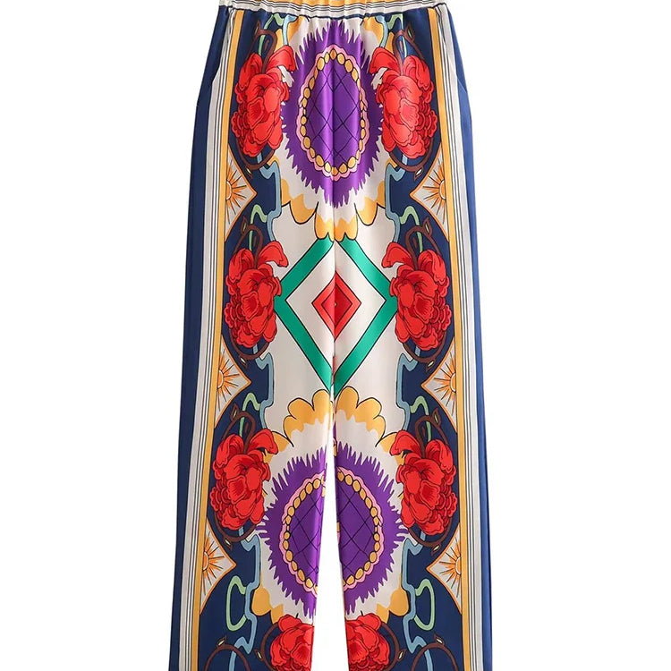 ZARATRAFnew summer women's silk texture printed trousers suit shirt bat shirt + positioning printed high waist trousers printed pants 4