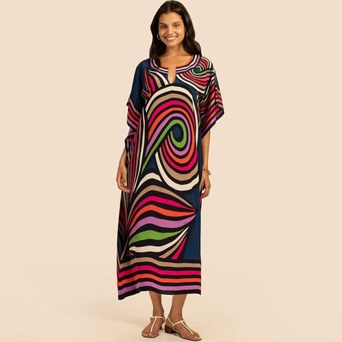 Printed Kaftans Beach Cover Up Seaside Maxi Bohemian Dresses Beachwear Pareo 8 One Size