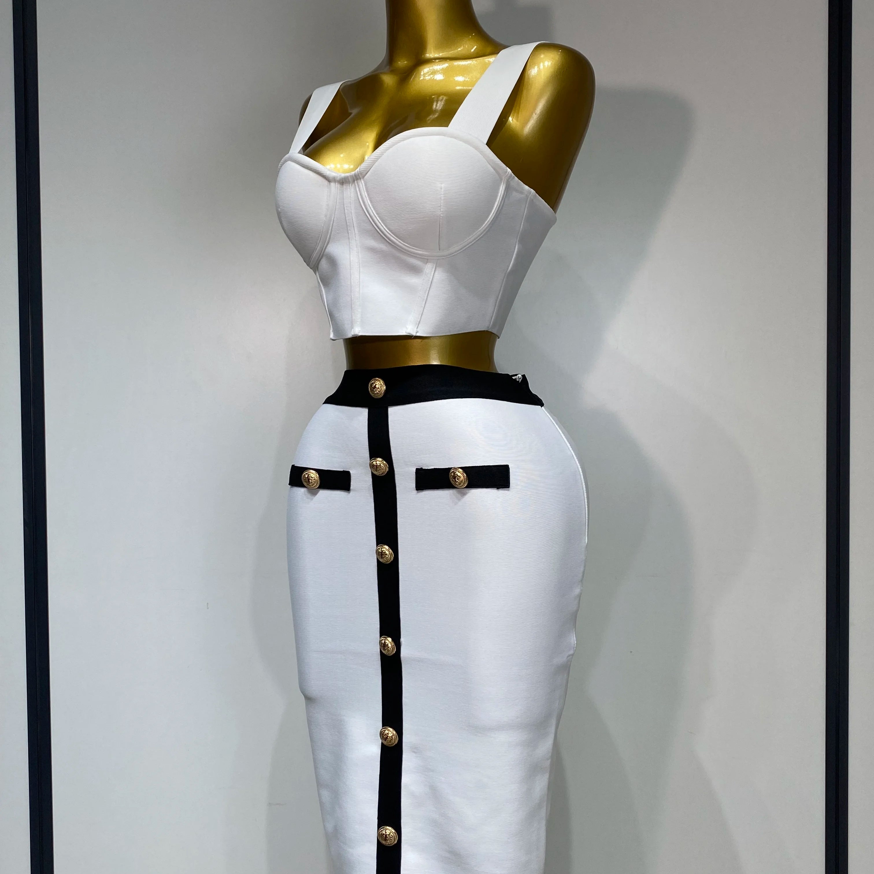 Women Button Patchwork White Black Bodycon Bandage Two Piece Set 2025 Designer High Waist Party Club Skirt Set
