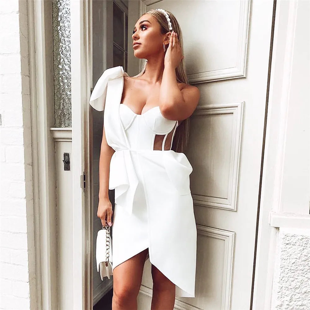 Women Sexy One Shoulder Bandage Dress New Mesh Patchwork Clothes Club Party Celebrity Elegant Dresses WHITE
