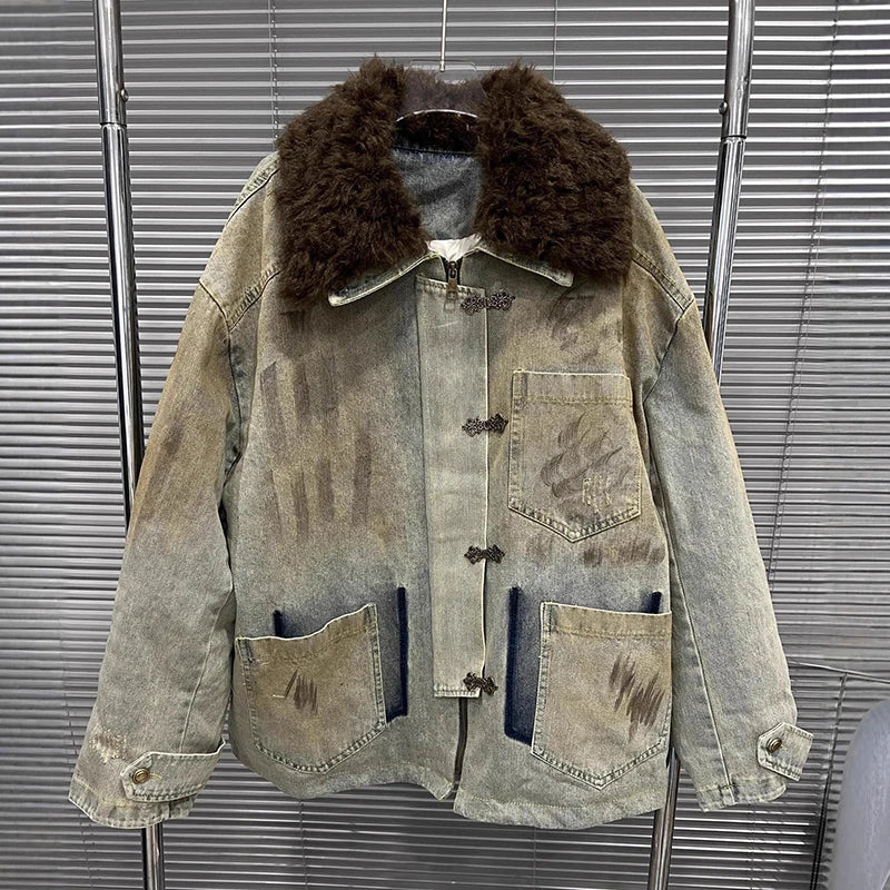 Autumn Winter New Casual Distressed Mid-Length Hook Large Fur Collar Dirty Look Denim Jacket For Women 11A07908 Picture Color One Size