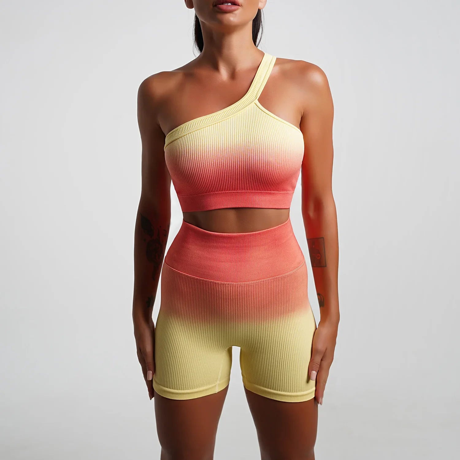 Seamless Gradient Yoga Sets Sports Fitness High Waist Hip-Lifting Pants Long-Sleeved Suits Workout Gym Leggings Sets for Women Orange B