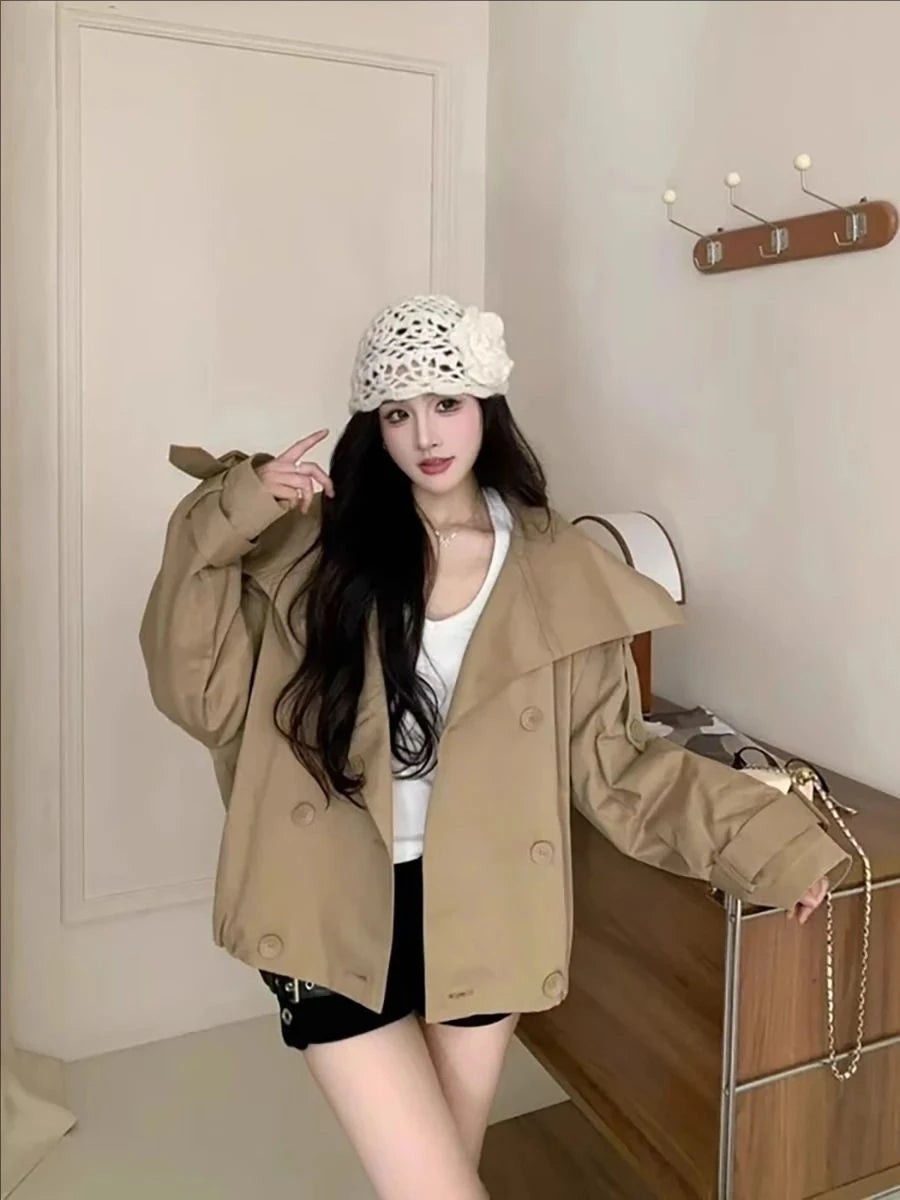 Lautaro Autumn Cool Short Oversized Khaki Jacket Coat Women Stand Collar Double Breasted Loose Casual Korean Fashion Clothes khaki