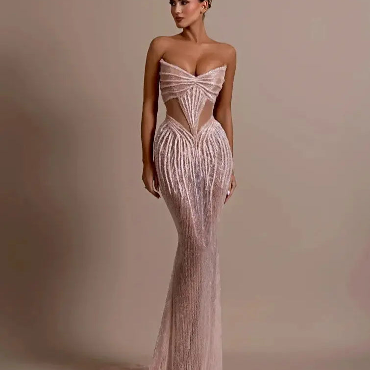 2025 New Shining Sequin Sexy Mesh See Through Strapless Ankle Length Dress Woman Evening Party Dress Celebrity Party Vestido As picture