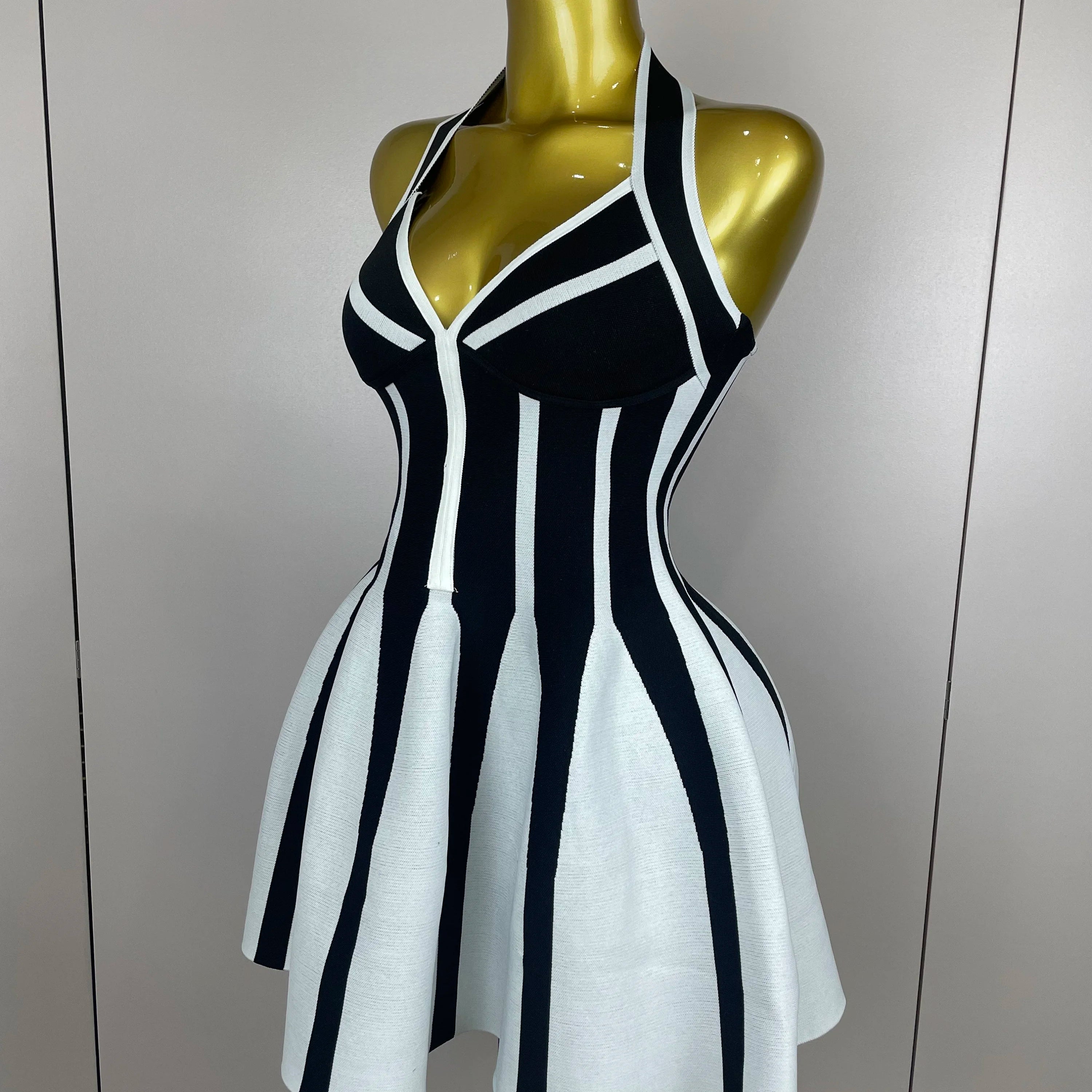 Sexy Backless Black White Stripes Halter Bandage A Line Short Dress 2025Women Celebrity Elegant Evening Party Holiday Club Dress