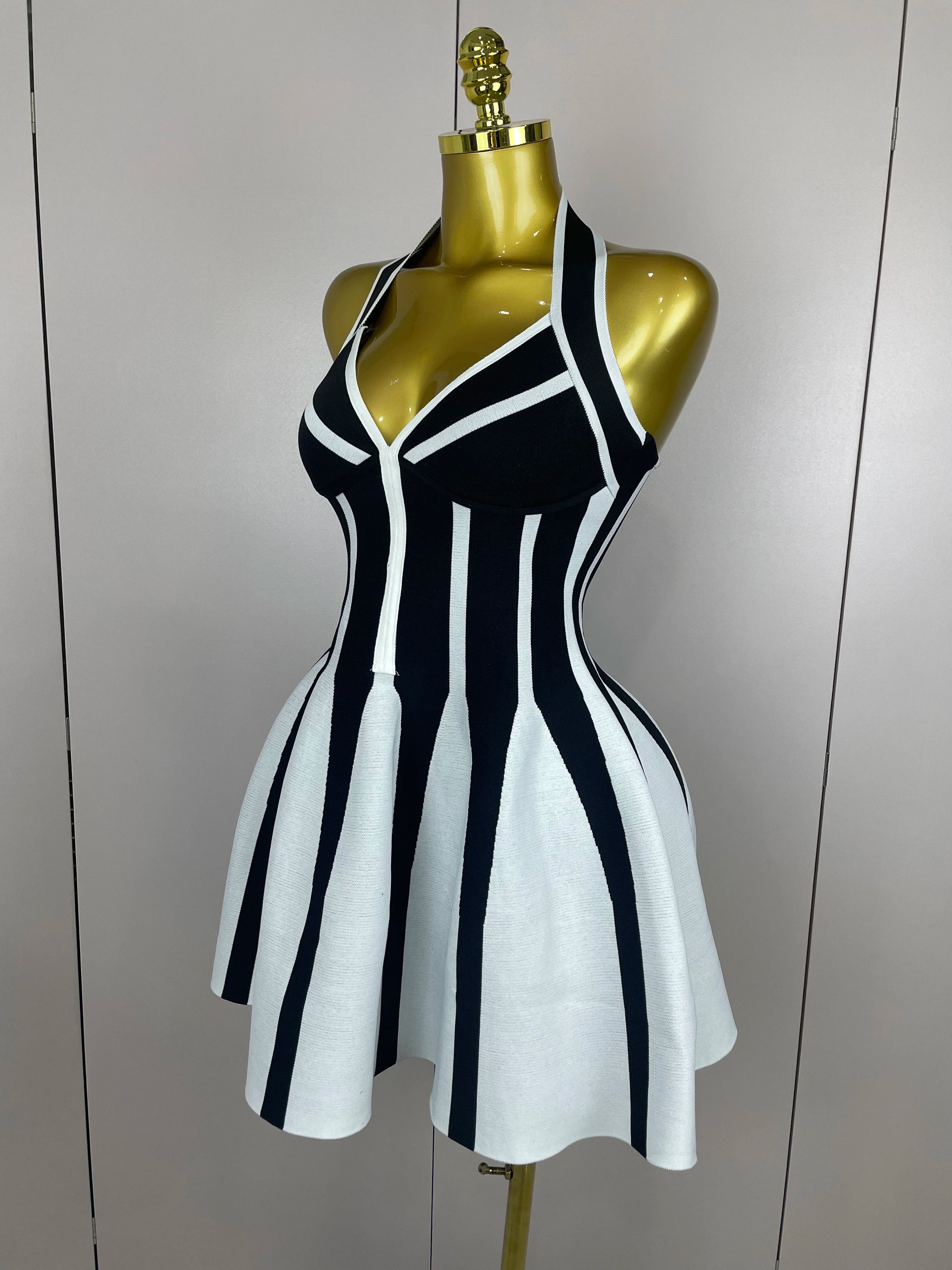 Sexy Backless Black White Stripes Halter Bandage A Line Short Dress 2025Women Celebrity Elegant Evening Party Holiday Club Dress