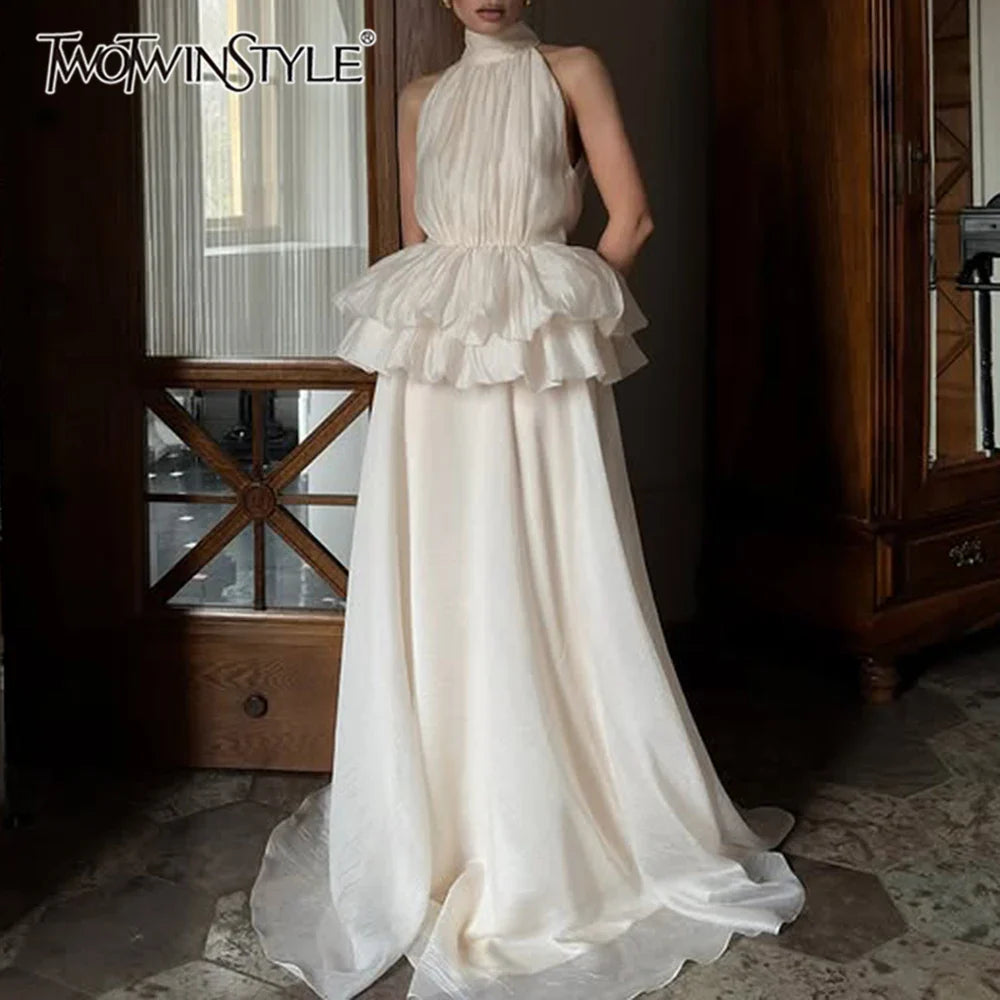 Solid Spliced Ruffles Folds Elegant Dresses for Women High Neck Sleeveless Temperament Dress Female Clothing New