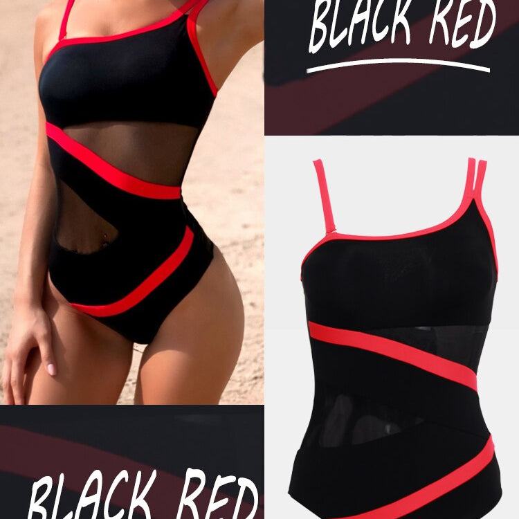 Sexy Mesh One-Piece Swimwear - One Shoulder Swimsuit Bodysuit Beachwear Brazilian Bathing Suits Summer Monokini Black Red